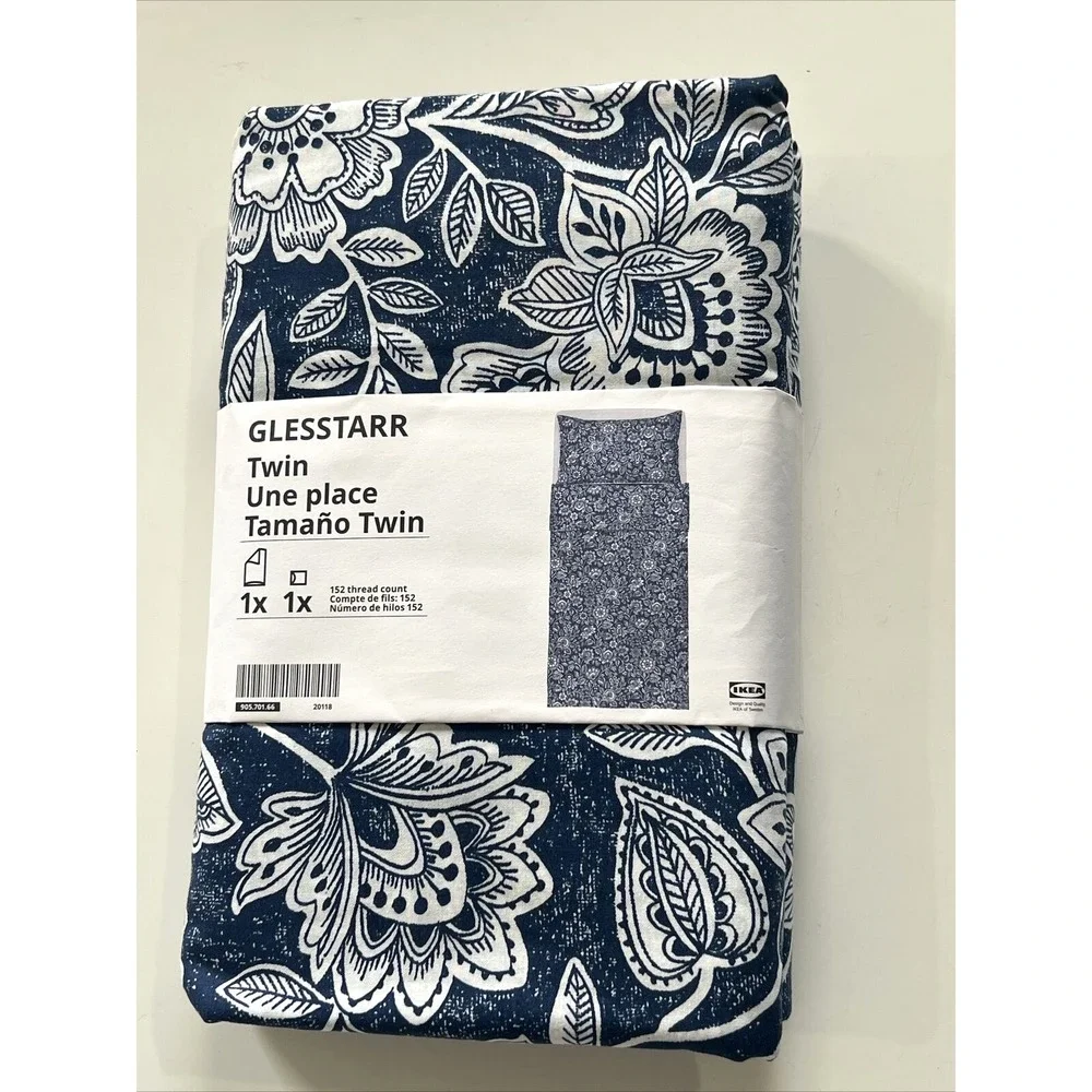 New Ikea GLESSTARR Twin Duvet cover and pillowcase dark blue/white Floral